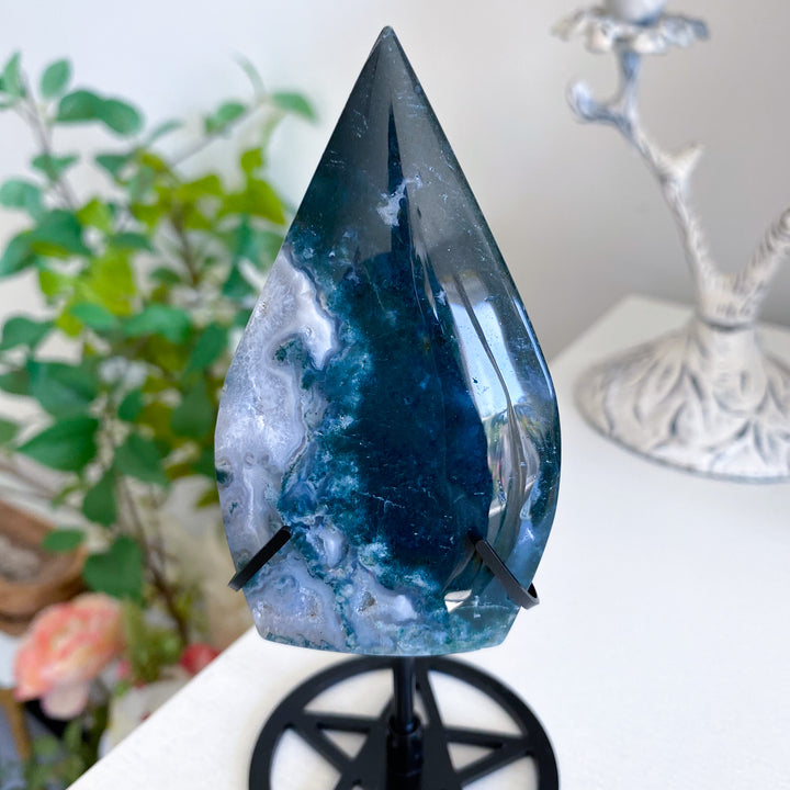 Moss Agate Flame on Pentacle Stand 