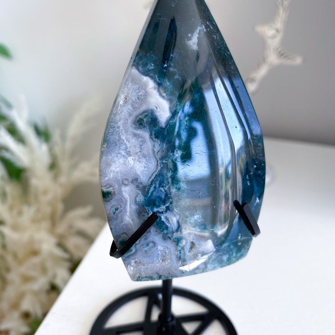 Moss Agate Flame on Pentacle Stand 