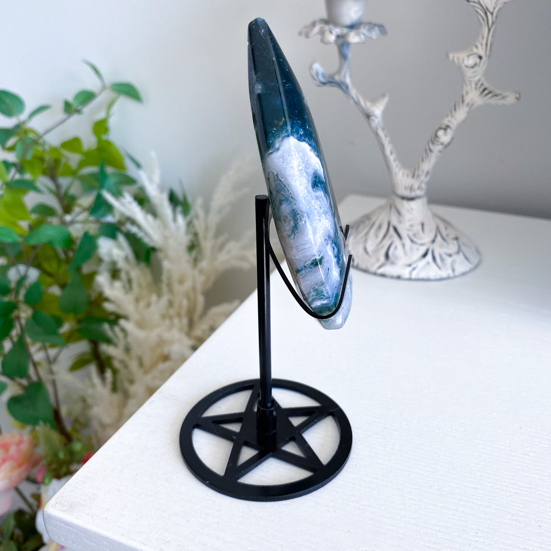 Moss Agate Flame on Pentacle Stand 