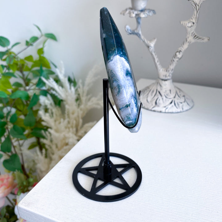 Moss Agate Flame on Pentacle Stand 