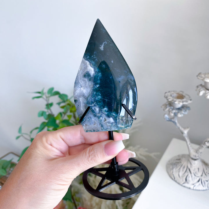 Moss Agate Flame on Pentacle Stand 
