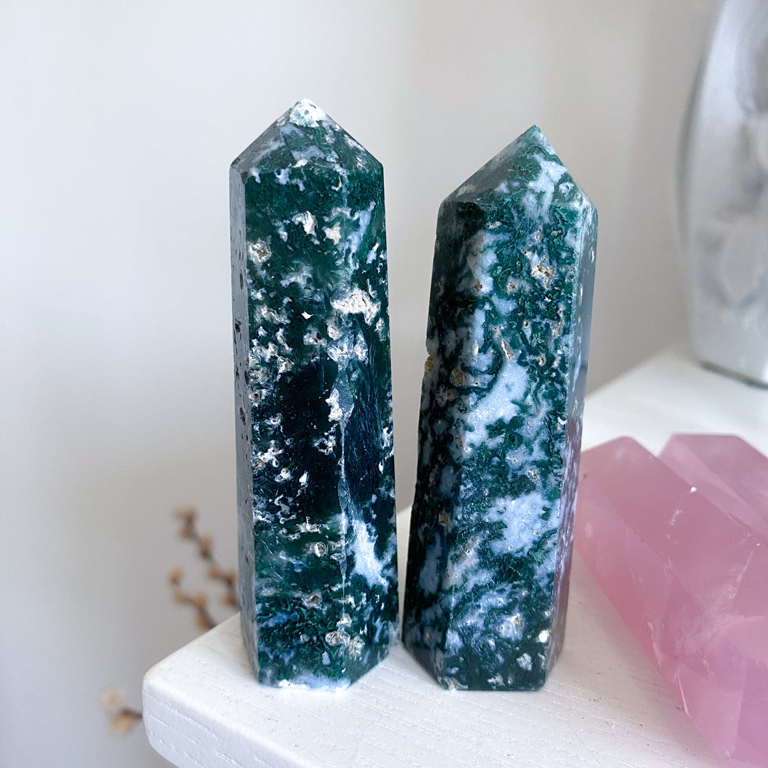 SET: Two Moss Agate Tower Duo