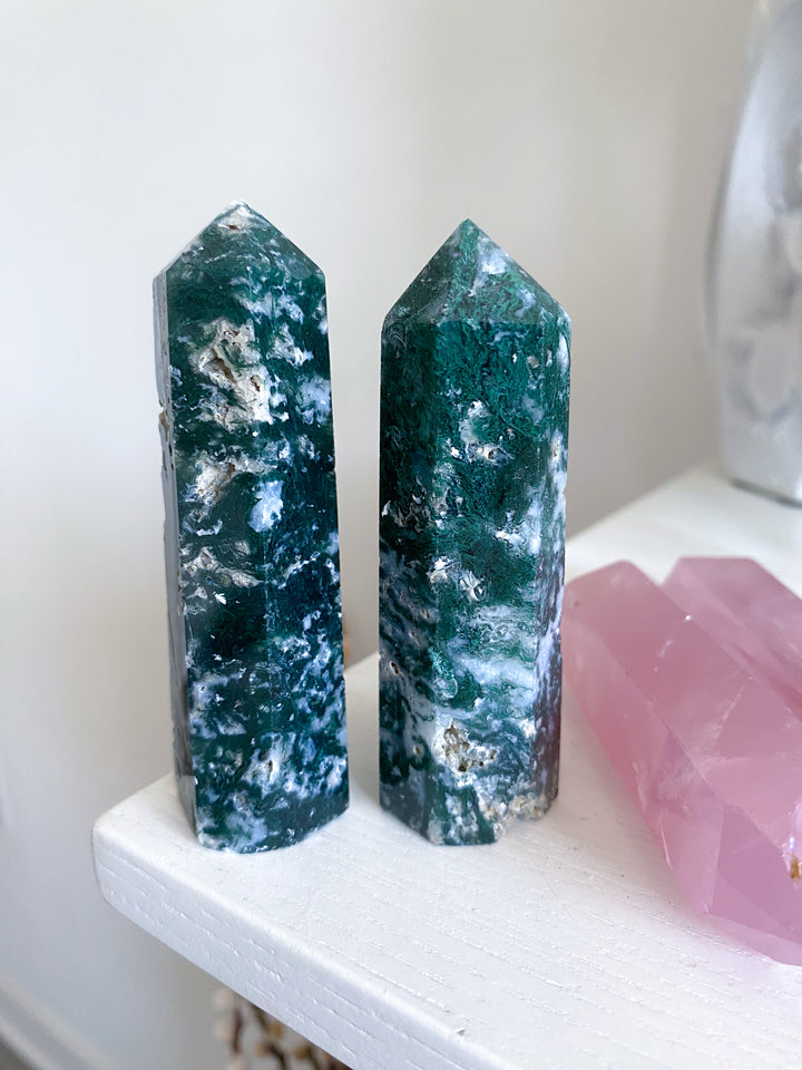SET: Two Moss Agate Tower Duo