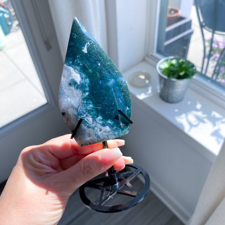 Moss Agate Flame on Pentacle Stand 