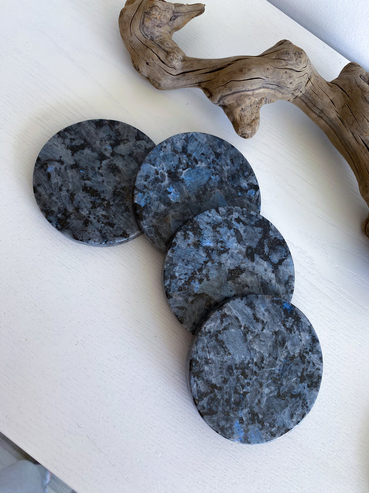 Set: Two Large Flashy Larvikite Coasters