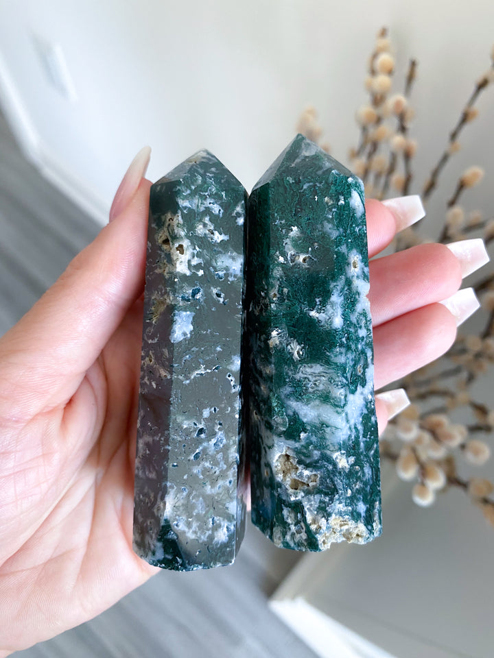 SET: Two Moss Agate Tower Duo