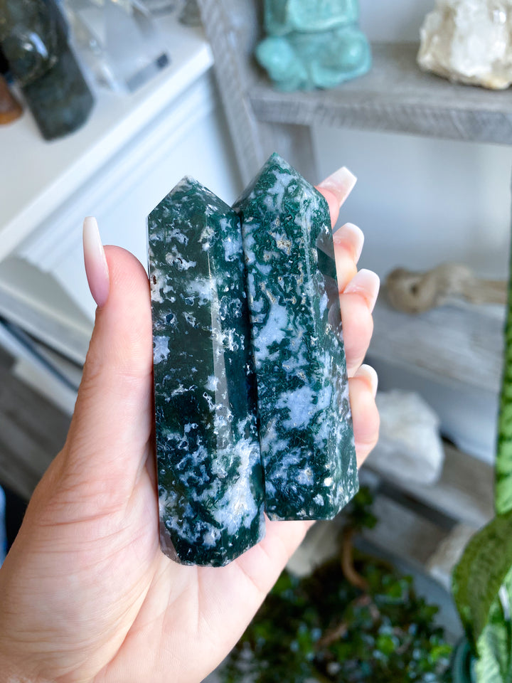 SET: Two Moss Agate Tower Duo