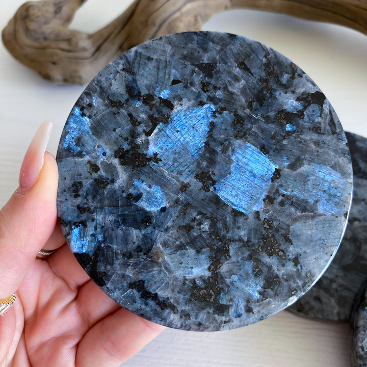 Set: Two Large Flashy Larvikite Coasters