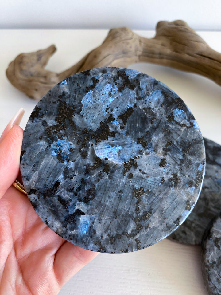 Set: Two Large Flashy Larvikite Coasters