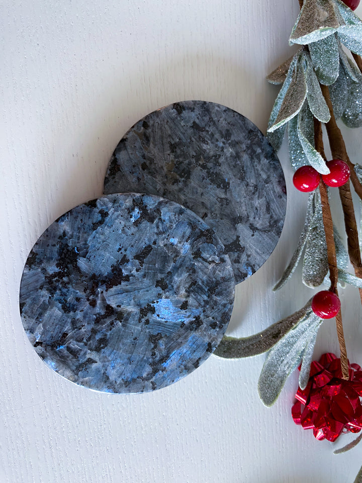 Set: Two Large Flashy Larvikite Coasters