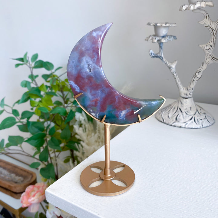 Pink &amp; Green Ocean Jasper Moon on Gold Stand 