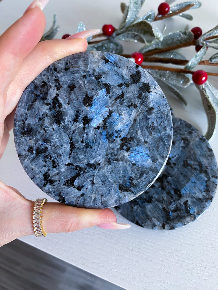 Set: Two Large Flashy Larvikite Coasters