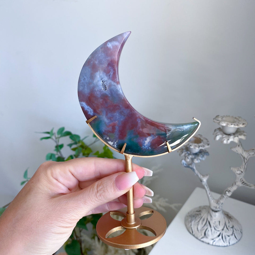 Pink &amp; Green Ocean Jasper Moon on Gold Stand 
