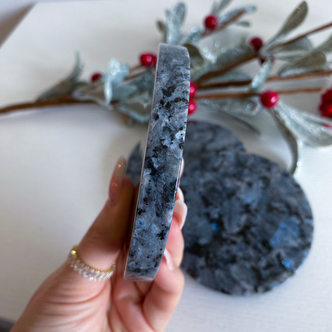 Set: Two Large Flashy Larvikite Coasters
