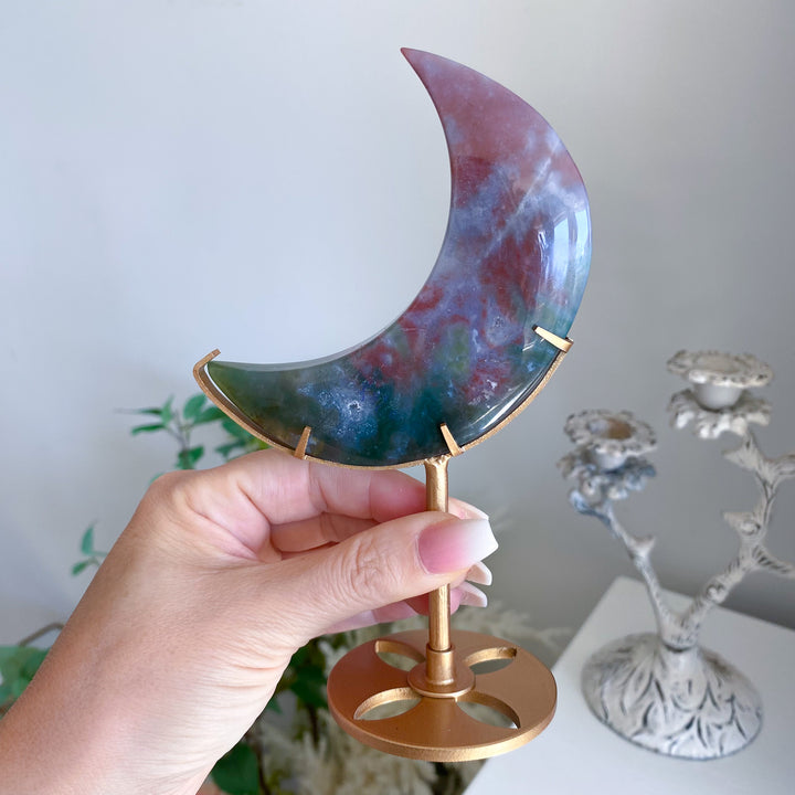 Pink &amp; Green Ocean Jasper Moon on Gold Stand 