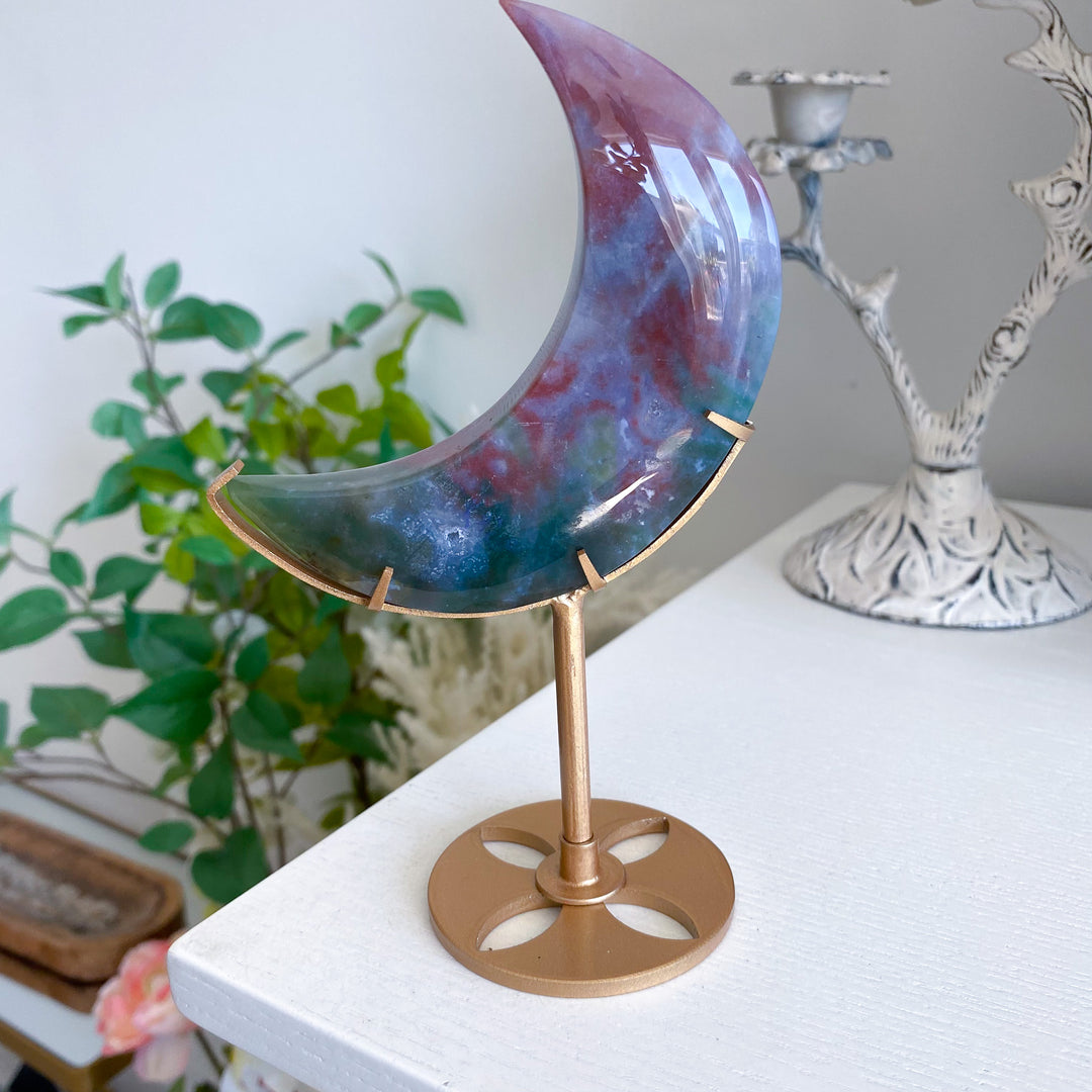 Pink &amp; Green Ocean Jasper Moon on Gold Stand 