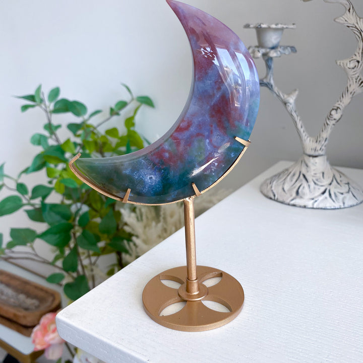Pink &amp; Green Ocean Jasper Moon on Gold Stand 