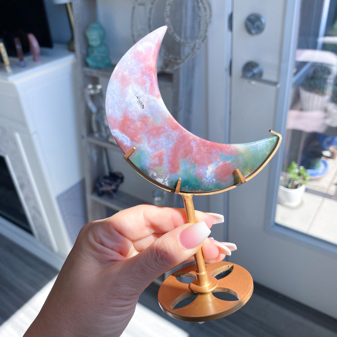Pink &amp; Green Ocean Jasper Moon on Gold Stand 