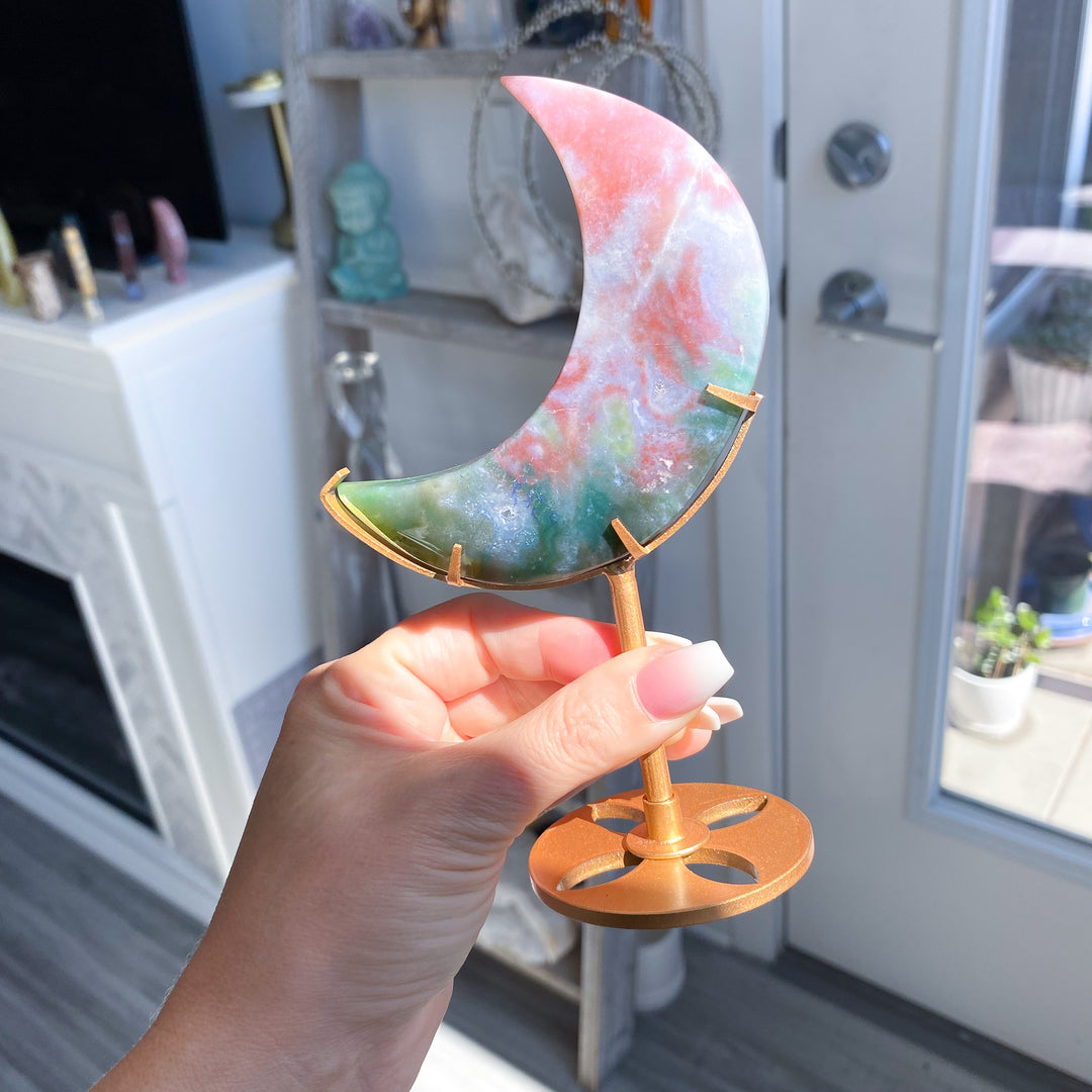 Pink &amp; Green Ocean Jasper Moon on Gold Stand 