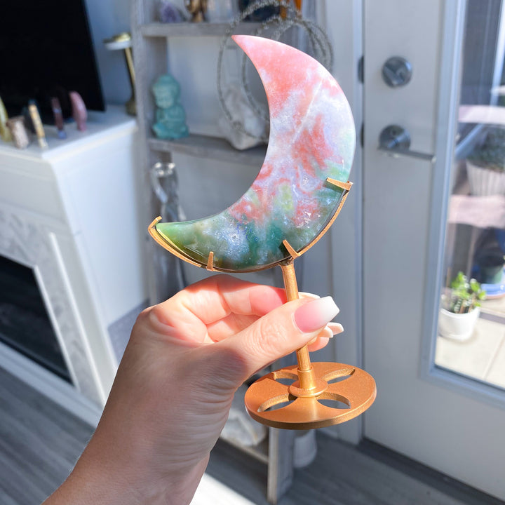 Pink &amp; Green Ocean Jasper Moon on Gold Stand 