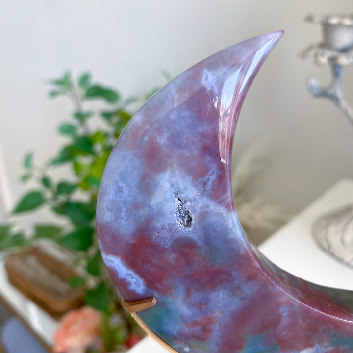 Pink &amp; Green Ocean Jasper Moon on Gold Stand 