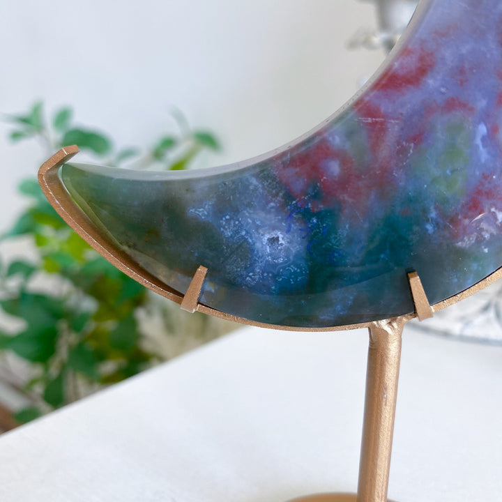 Pink &amp; Green Ocean Jasper Moon on Gold Stand 