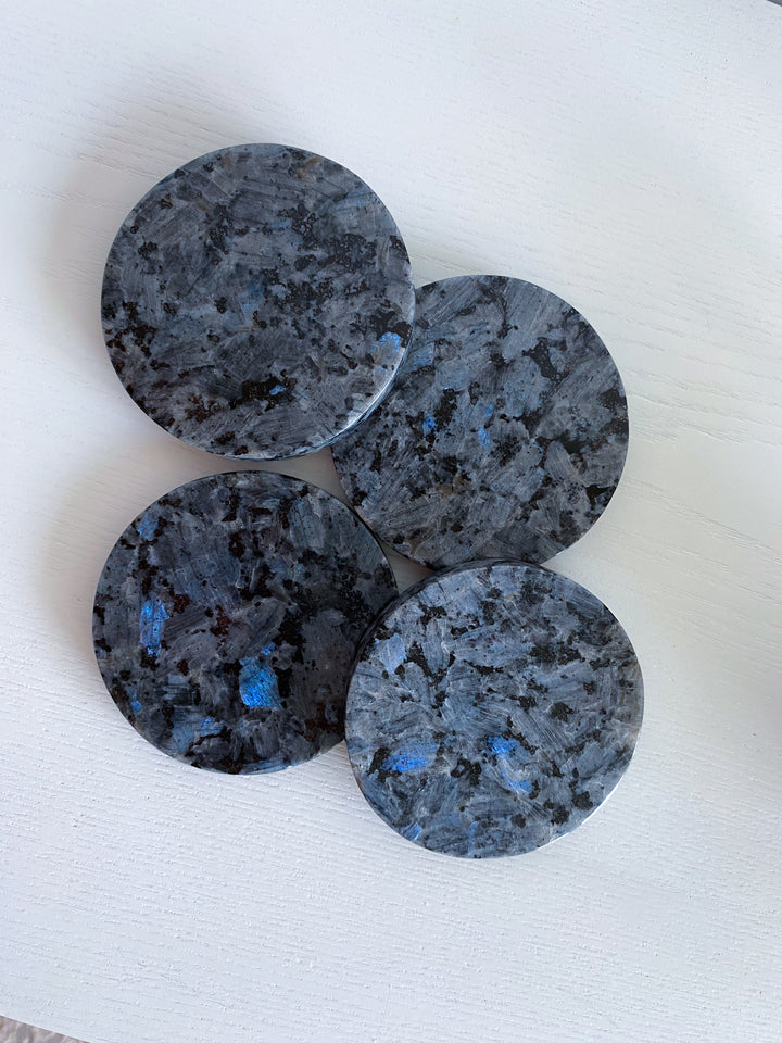 Set: Two Large Flashy Larvikite Coasters