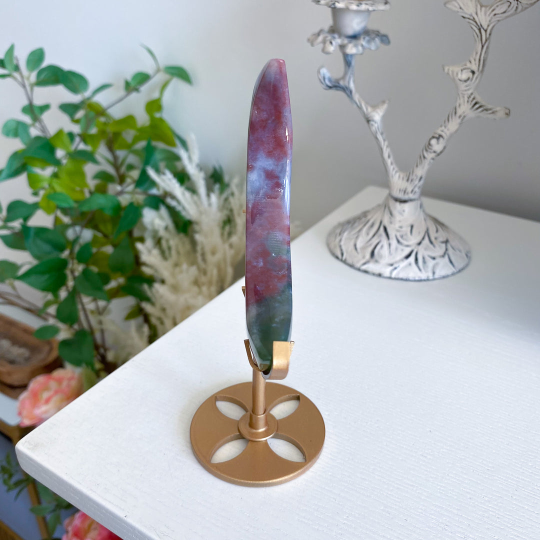 Pink &amp; Green Ocean Jasper Moon on Gold Stand 