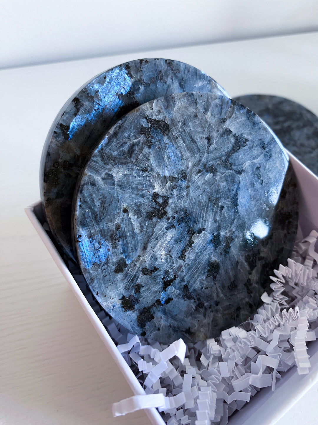 Set: Two Large Flashy Larvikite Coasters