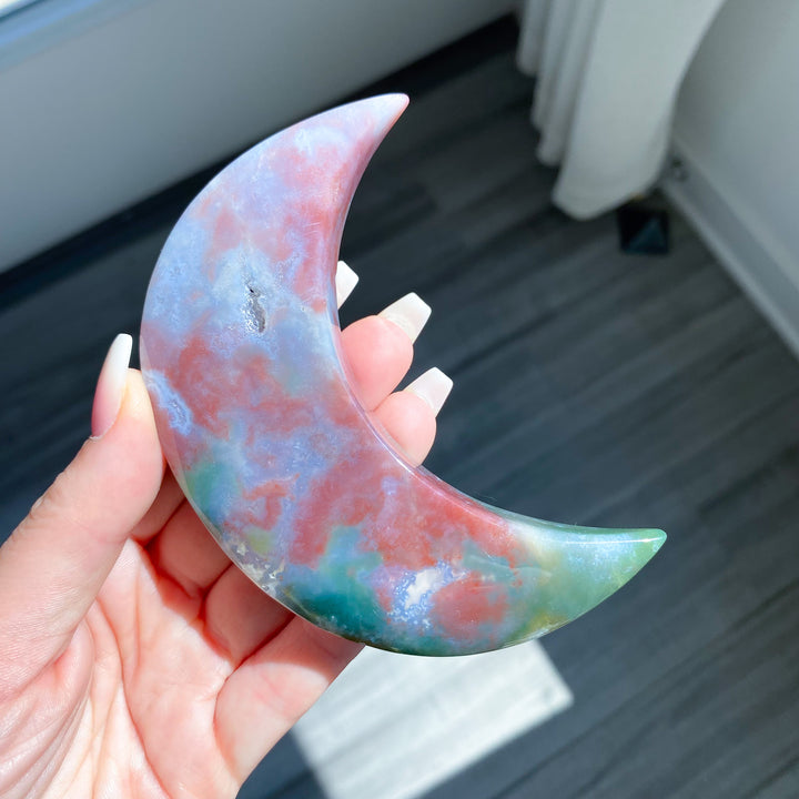 Pink &amp; Green Ocean Jasper Moon on Gold Stand 