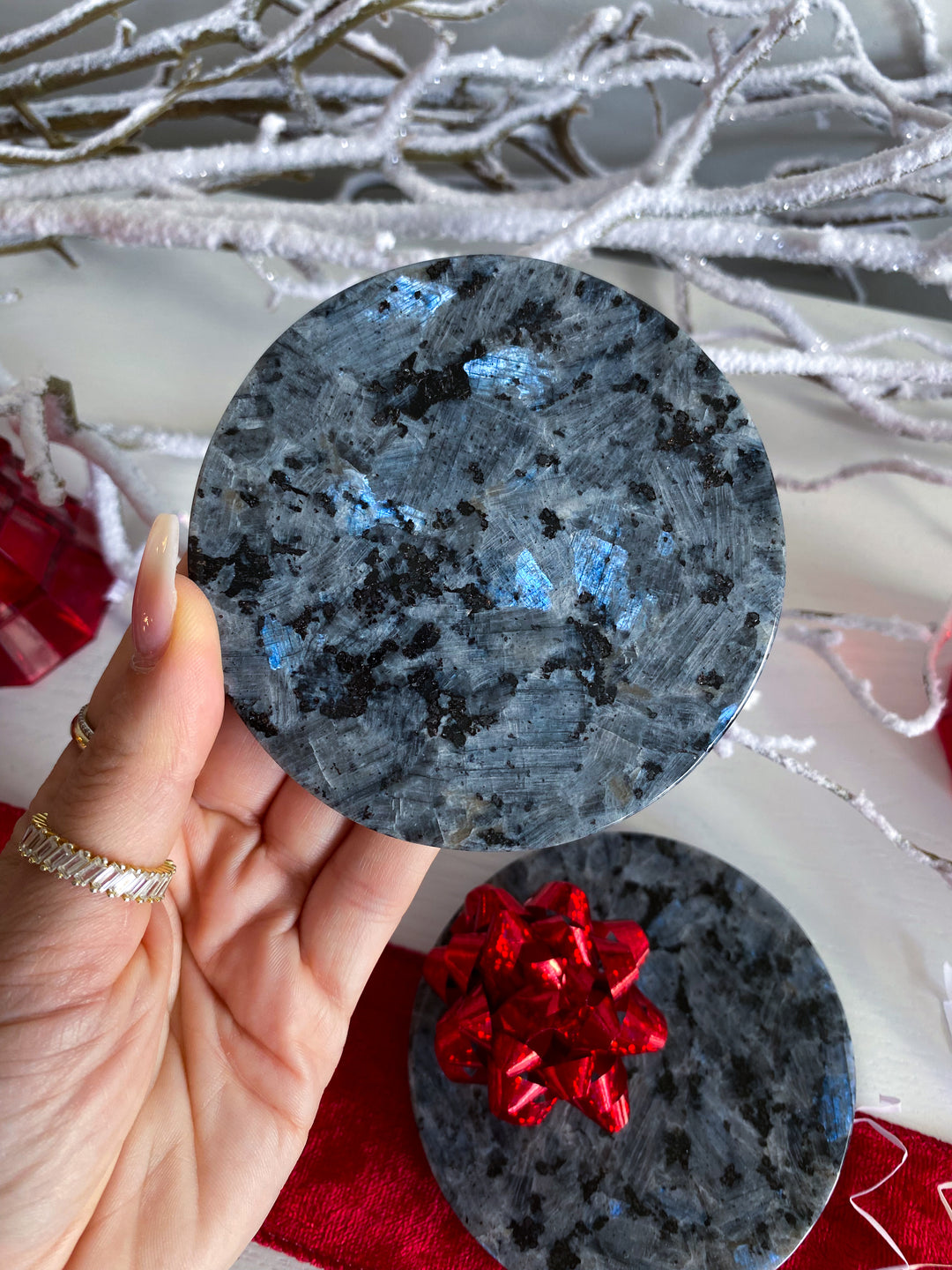 Set: Two Large Flashy Larvikite Coasters