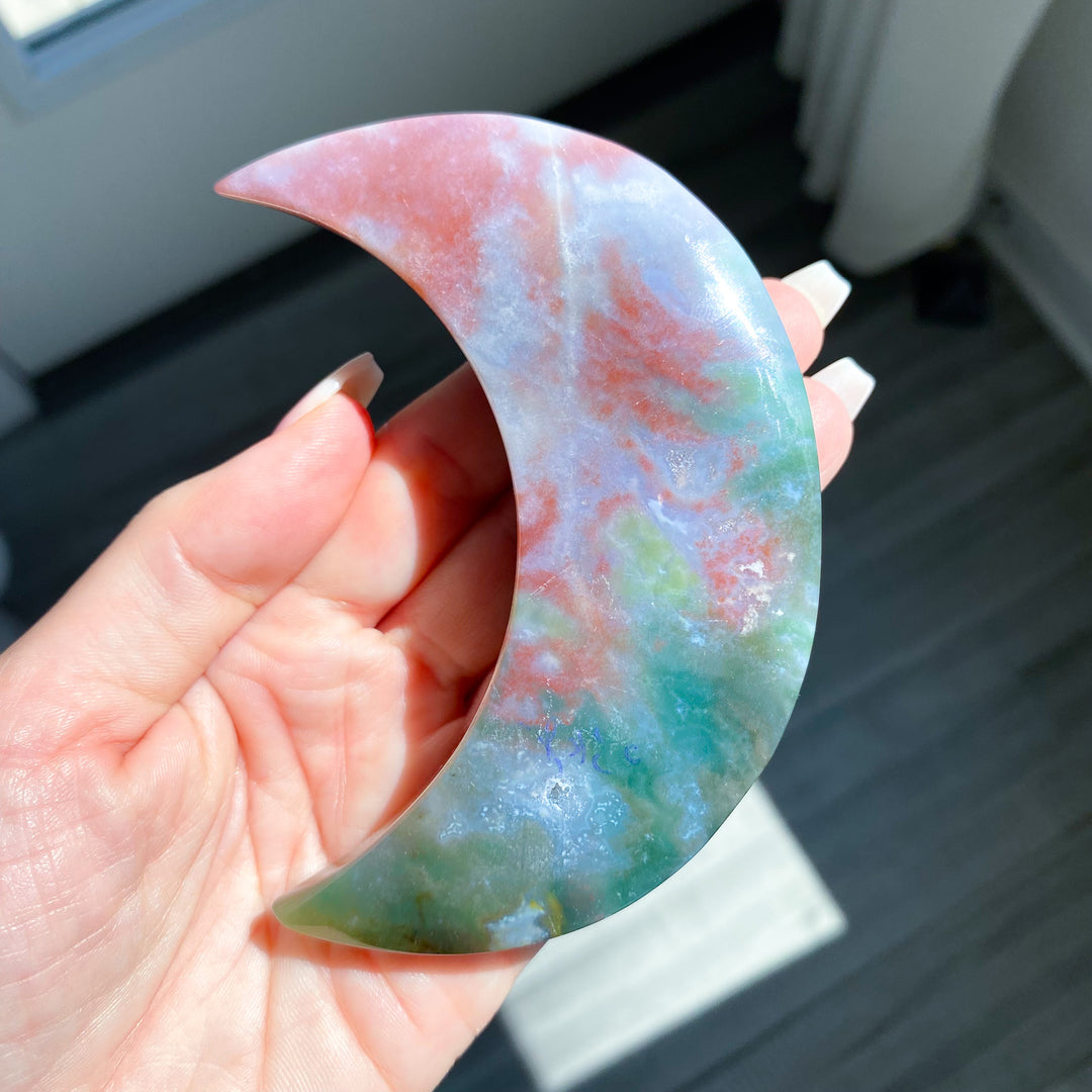 Pink &amp; Green Ocean Jasper Moon on Gold Stand 