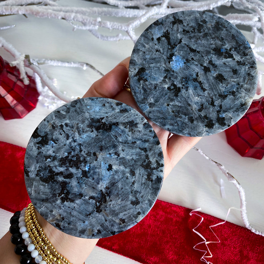 Set: Two Large Flashy Larvikite Coasters