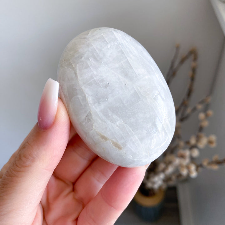 White, Egg-like Rainbow Moonstone Palm #1