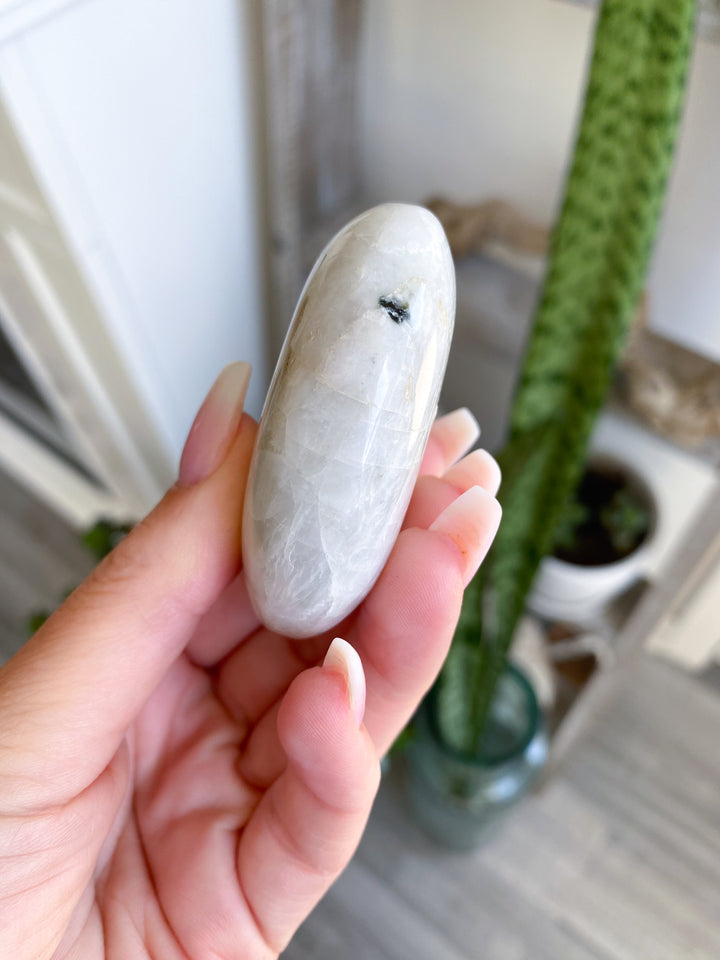 White, Egg-like Rainbow Moonstone Palm #1