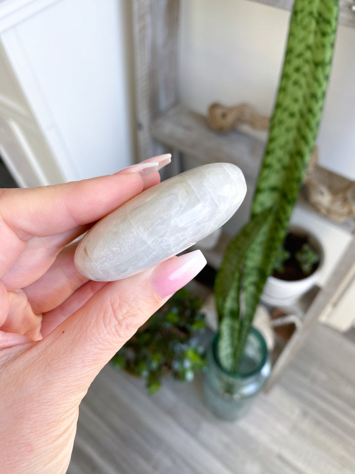 White, Egg-like Rainbow Moonstone Palm #1