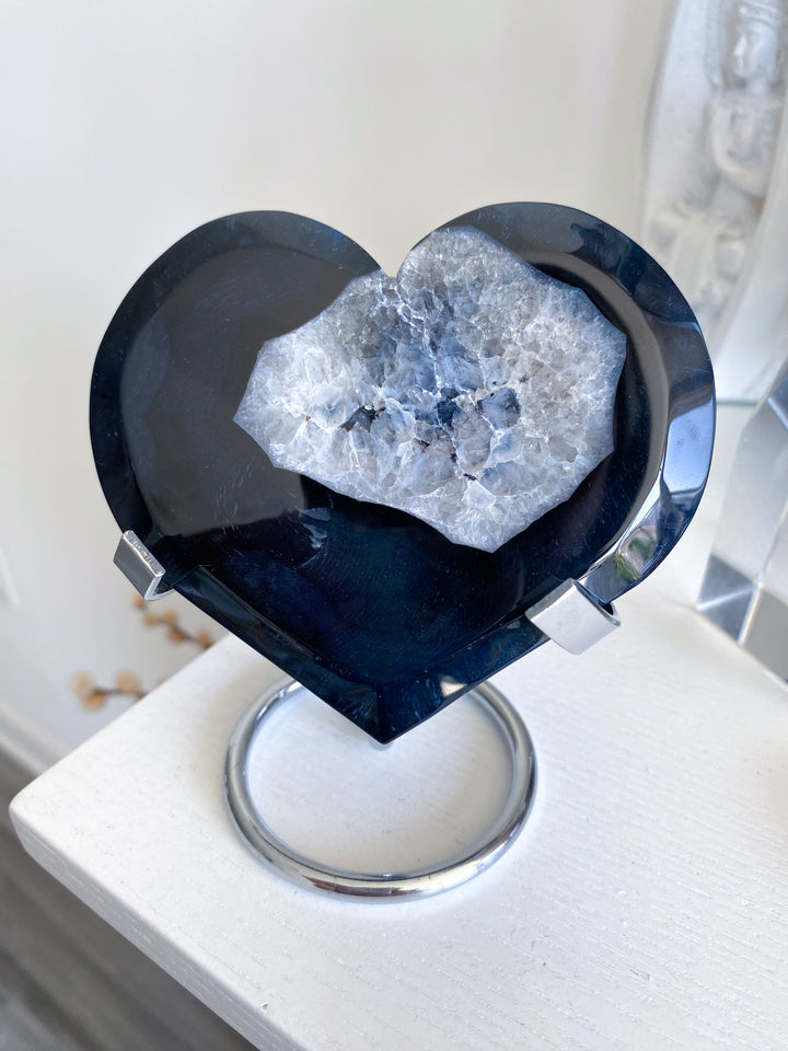 Large Druzy Black Agate Heart on Stand #2