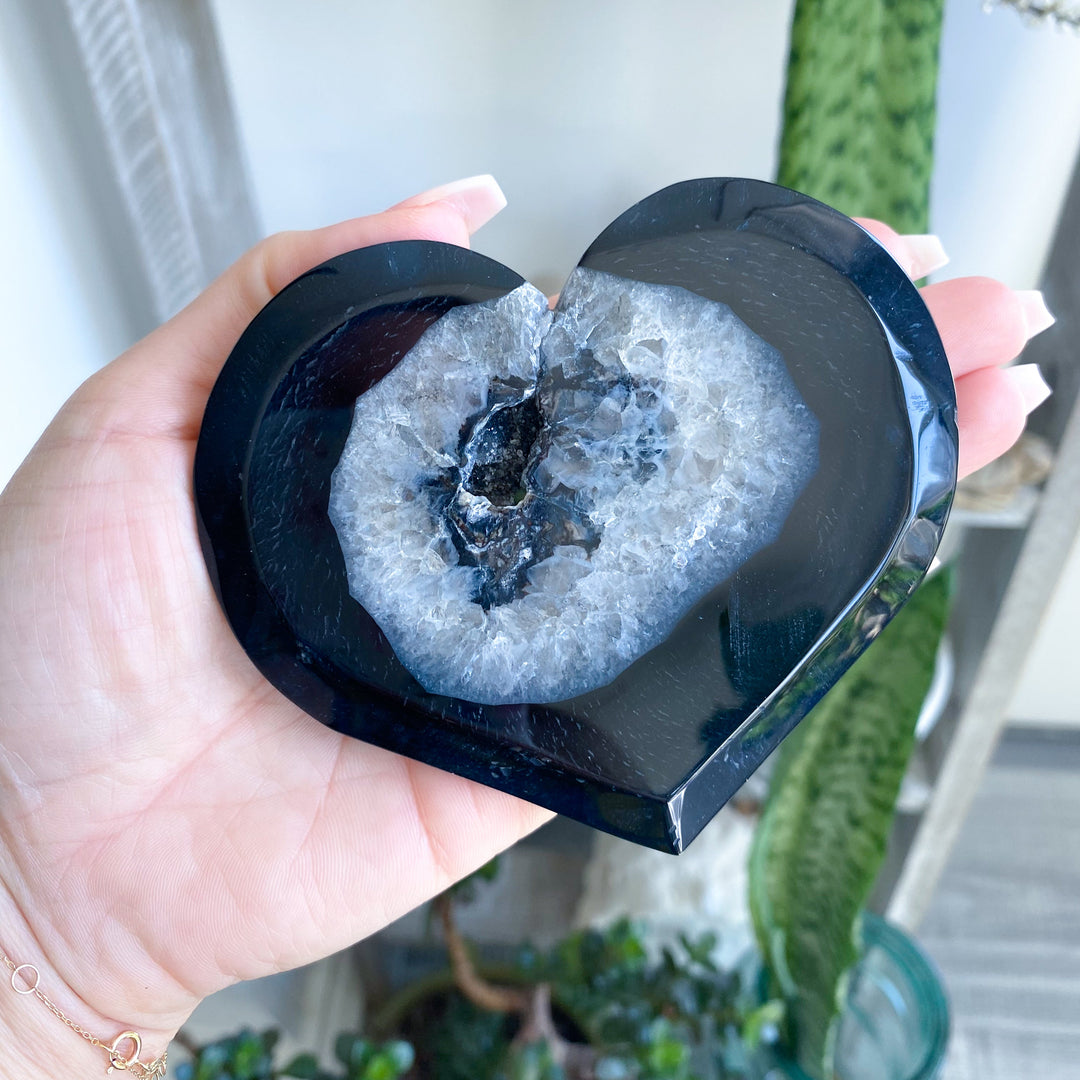 Large Druzy Black Agate Heart on Stand #2