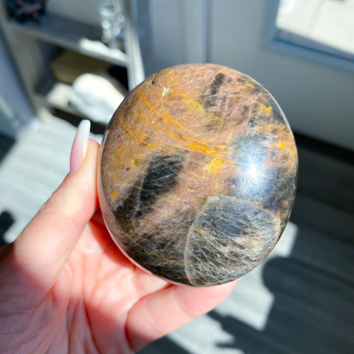 XL Circular Black Moonstone Palm Stone with Sheen 