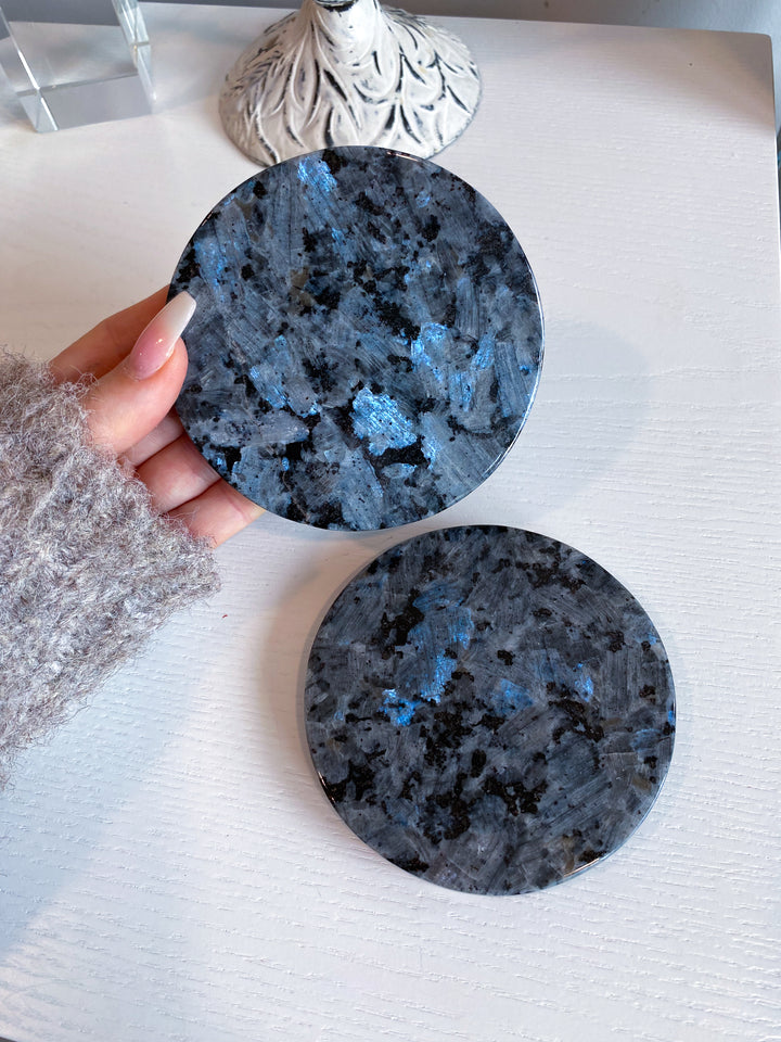 Set: Two Large Flashy Larvikite Coasters