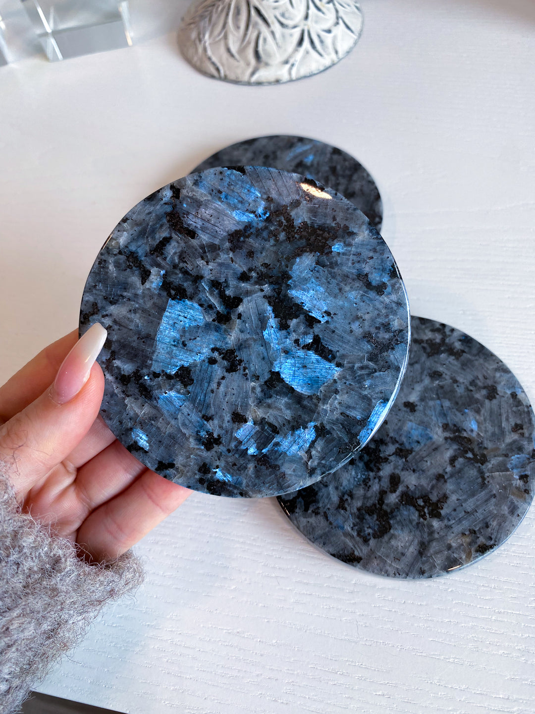 Set: Two Large Flashy Larvikite Coasters