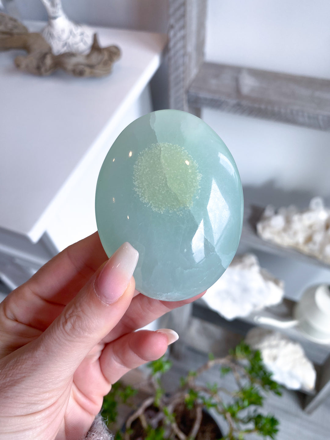 Full Moon Pistachio Calcite Palm Stone #7 - Green Calcite