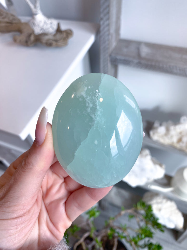 Full Moon Pistachio Calcite Palm Stone #7 - Green Calcite
