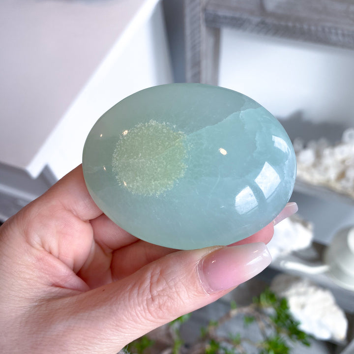 Full Moon Pistachio Calcite Palm Stone #7 - Green Calcite