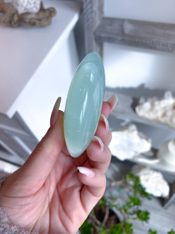 Full Moon Pistachio Calcite Palm Stone #7 - Green Calcite