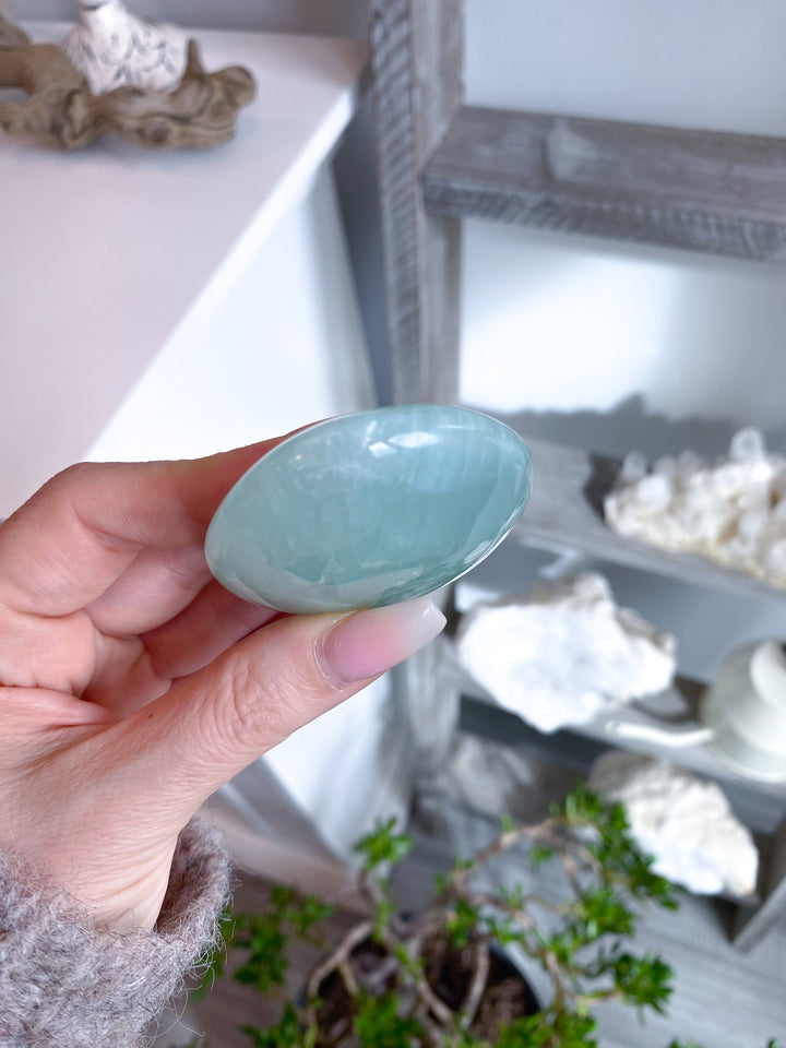 Full Moon Pistachio Calcite Palm Stone #7 - Green Calcite