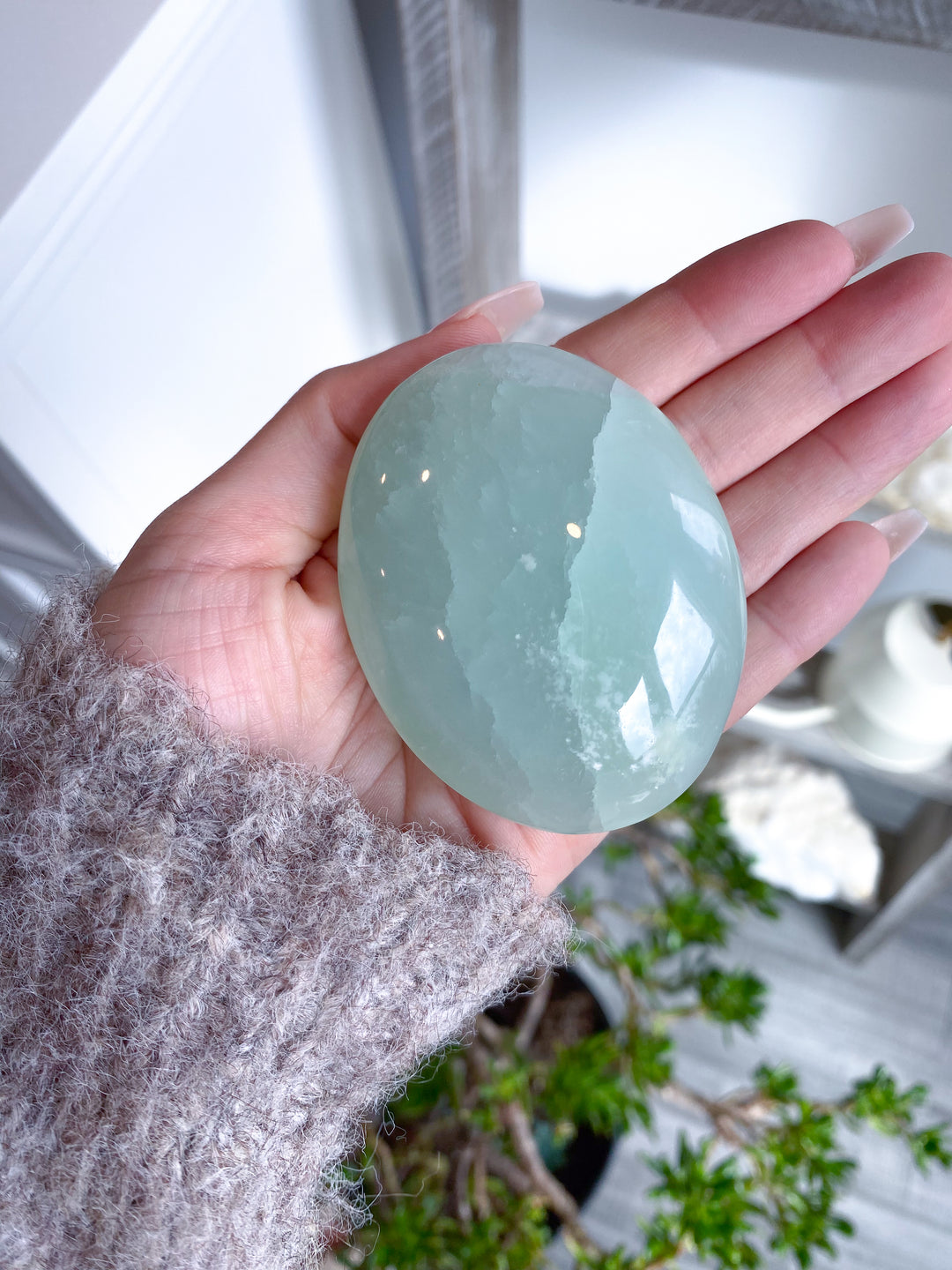 Full Moon Pistachio Calcite Palm Stone #7 - Green Calcite