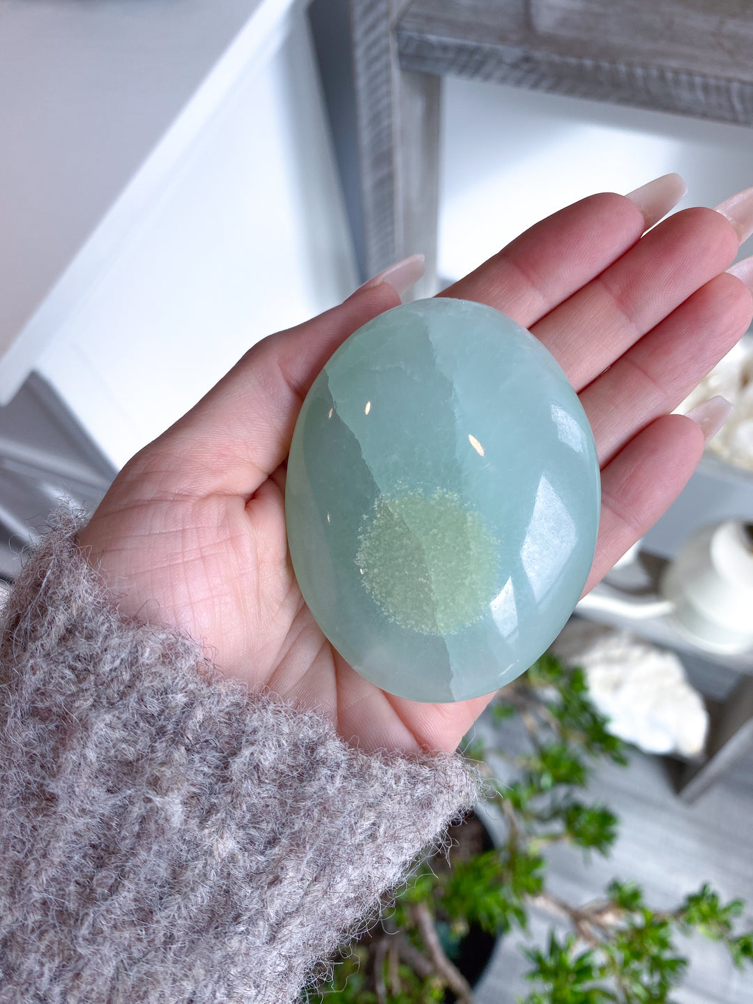 Full Moon Pistachio Calcite Palm Stone #7 - Green Calcite