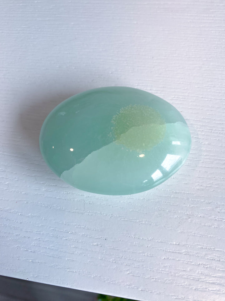 Full Moon Pistachio Calcite Palm Stone #7 - Green Calcite