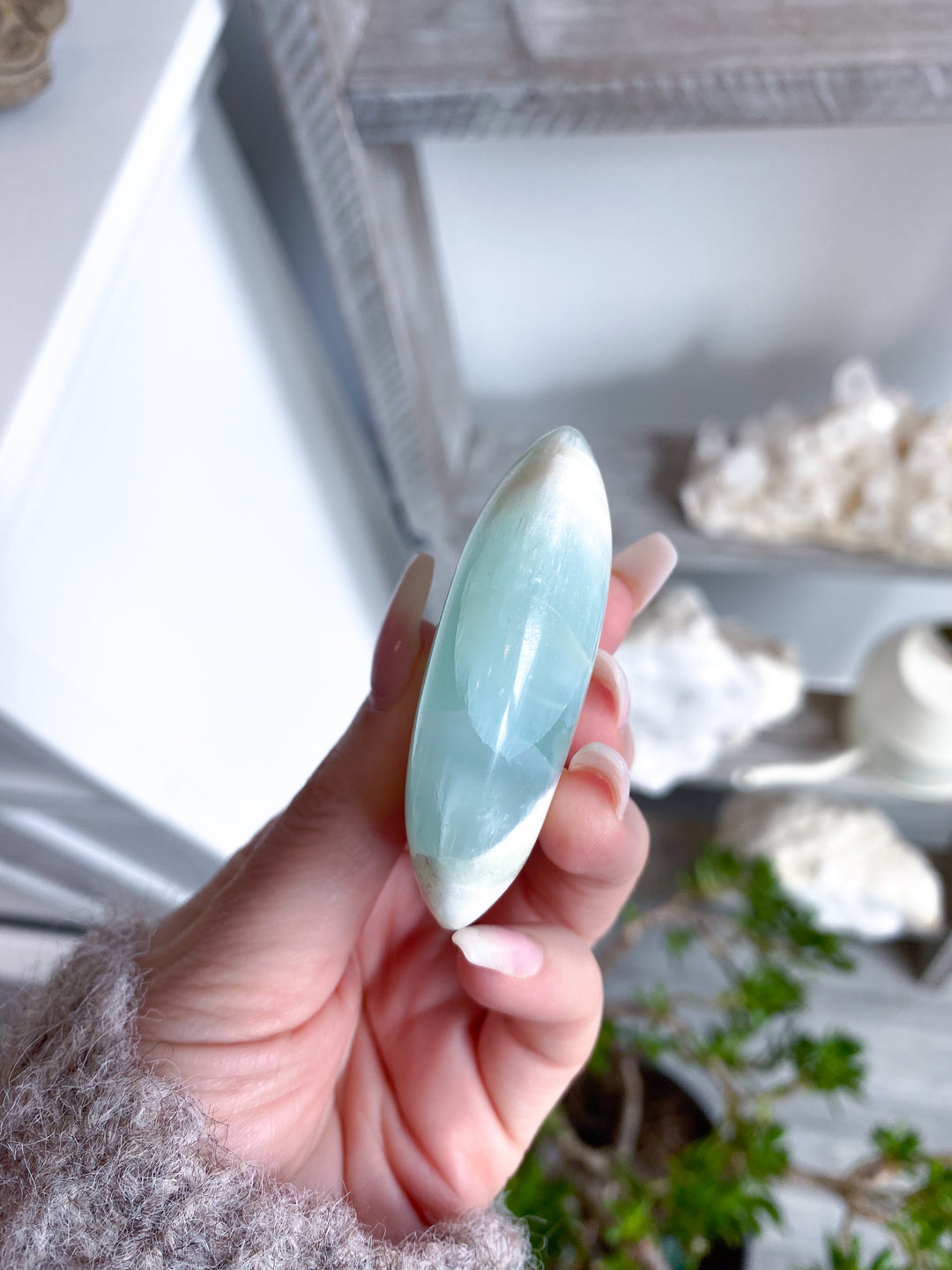 Pistachio Calcite Palm Stone #3 - Green Calcite